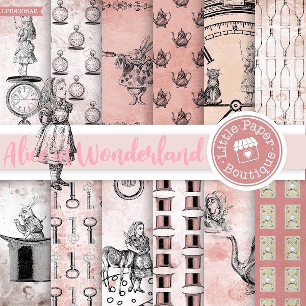 Alice in Wonderland Paper Pack Alice Digital Paper Pack Watercolor Mad Hatter Scrapbook Tea Party Background Fairytale Baby Shower