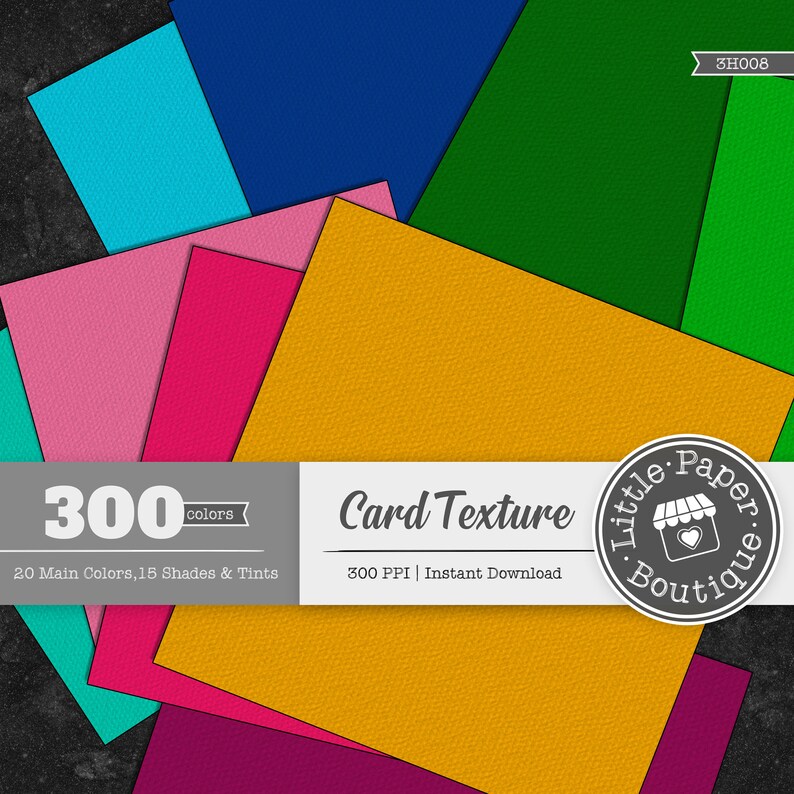 Puede incluir: Un conjunto de 20 texturas de papel de cartulina de colores en varios tonos de rosa, azul, verde y amarillo. El papel tiene una superficie texturizada sutil. El texto en la imagen dice "300 colores, 20 colores principales, 15 tonos y matices, Textura de tarjeta, 300 PPI | Descarga instant&aacute;nea".
