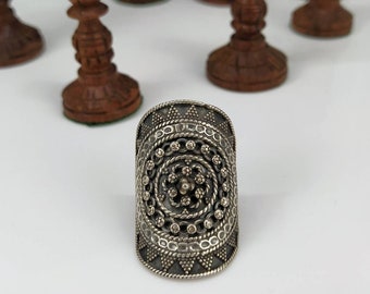 Oxidized Sterling Silver Oversized Ring, Rajasthani Rava Work, Size 5 3/4