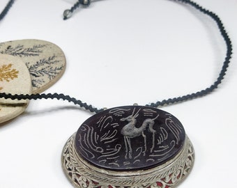 1980s Vintage Engraved Afghani 925 Silver AGATE Stone Amulet Pendant/ Antique Oxidised Sterling Silver Tribal Old Pendant Necklace