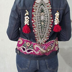 Boho Embellished Denim Jacket, Rhinestone Beaded Patchwork Jean Jacket, Cowrie Shell Tassel Ethnic Festival Coat, Custom Boho Chic Denim