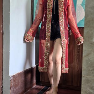 Upcycled Vintage Saree Kimono Duster Jacket Mirror Work Hand Embroidered Sheer Net Red Boho Long Cardigan Festival Robe Evening Coverup