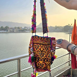 Vintage Hand Embroidered Gujarat India Handbag,Banjara bohemian tribal patchwork Real Mirror Work,Antique Hand stitched Ethnic shoulder bag