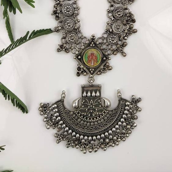 925 Oxidised Sterling Silver Royal Handmade Necklace for Women/ Traditional Ganesha Rajasthan Bib Necklace/Antique  Rajasthan Tribal Jewelry