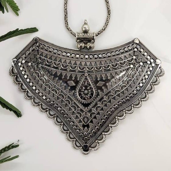 Tribal 92.5% Oxidised Sterling Silver PENDANT NECKLACE alongwith 925 Sterling Silver Chain/Made in Rajasthan,India/ Rajasthani Rava Work