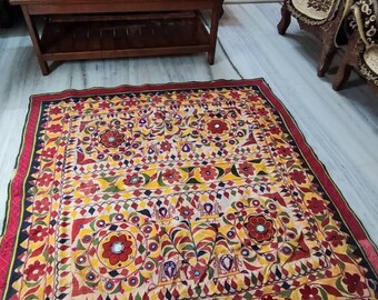 1980s Vintage Rajkot Mirror Hand-Embroidered Tapestry, Indian Tribal Home Decor (60x57 inches)