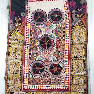 1970s Vintage Unique Exquisite handmade tribal wall hanging Mirror Work Tapestry Handembroidered by Rabari Community of Gujarat India Folk .