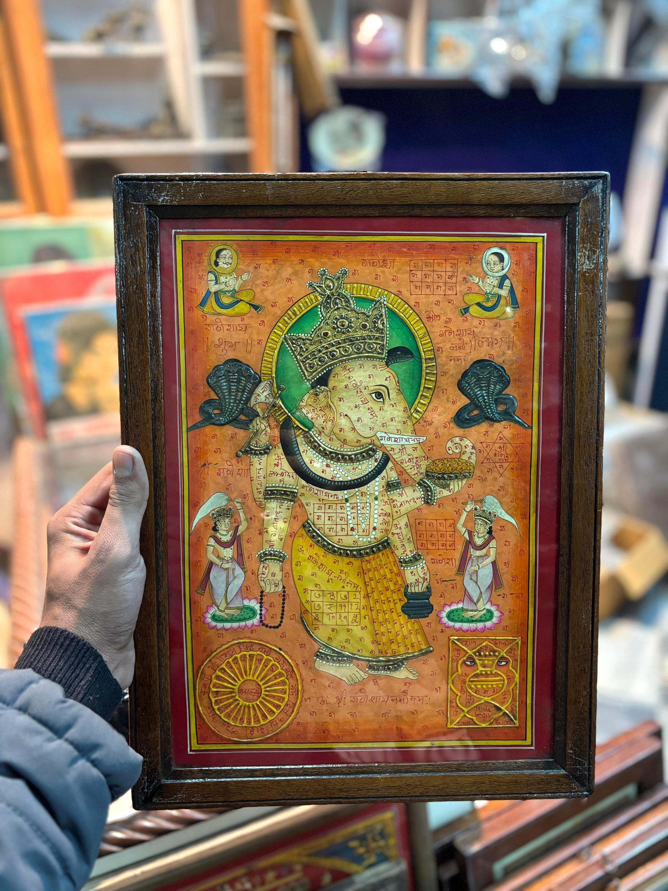 希少なヴィンテージ ガネーシャ タンジョール絵画 / アンティーク 神聖