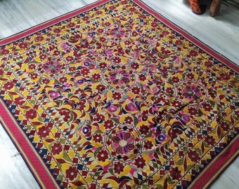 1980s Rajkot Mirror Embroidery Tapestry, Vintage Indian Wall Hanging