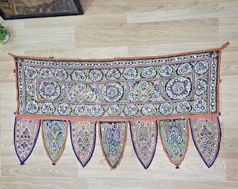 Vintage Hand Embroidered Toran | Mirror Work Door Hanging | Gujarati Wall Tapestry | Antique Indian Entry Decor | Festival Boho Home Decor