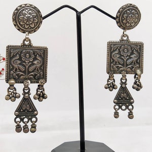Antique Handmade 92.5% Oxidised Sterling Silver Peacock Floral Design Earrings/ Vintage Silver tribal Earrings / Made in Rajasthan, India