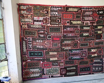 Vintage Balochi dresses Patchwork Wall Hanging Tapestry Hand Embroidered, Real Mirror Wall decor Textile Art From Balochistan, Pakistan