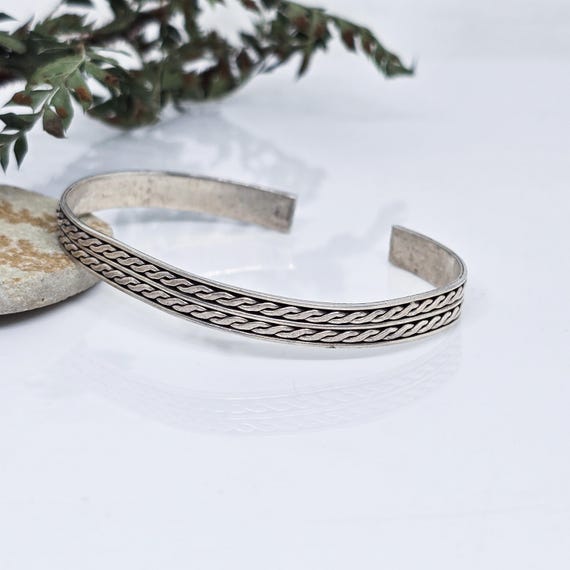 Bracelet Manchette Ancien En Argent Massif 925 - Style Artisanal Ethnique Indien - Jonc