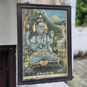1950s Vintage Lord Shiva Lithograph Glass Frame – Hindu Spiritual Wall Art, Kailashpati Shankar Poster, Indian Religious Decor