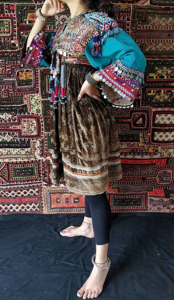 Vintage Women Afghani Dress/Multi- Colored Tribal 