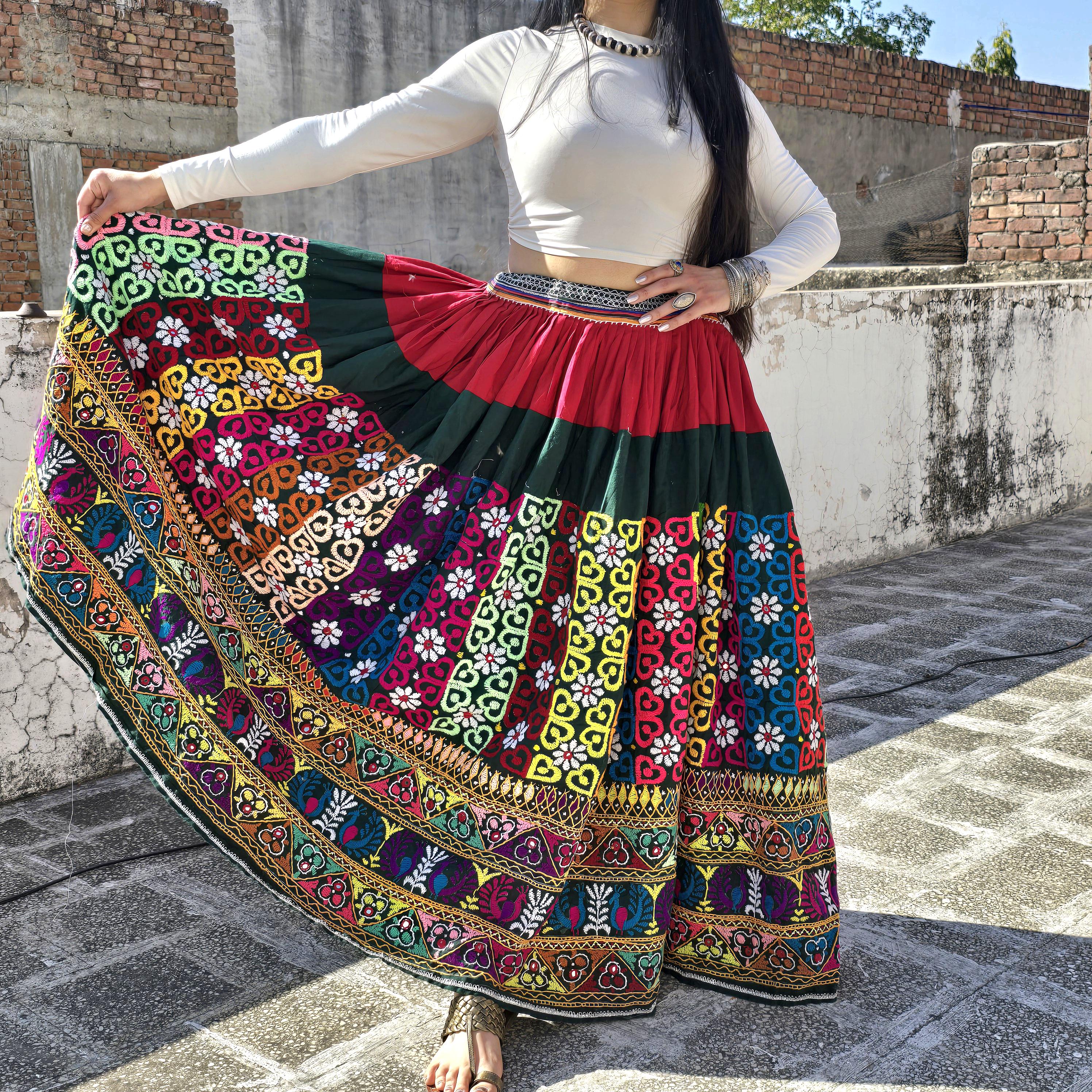 Vintage Banjara MOCHI-AARI Handmade Mirror Work Skirt/ Cross