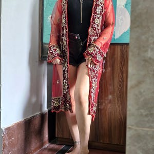 Upcycled Saree Kimono Long Duster Red Net Mirror Work Hand Embroidered Jacket Velvet Trim Boho Cardigan Sheer Robe Festival Outfit Gift