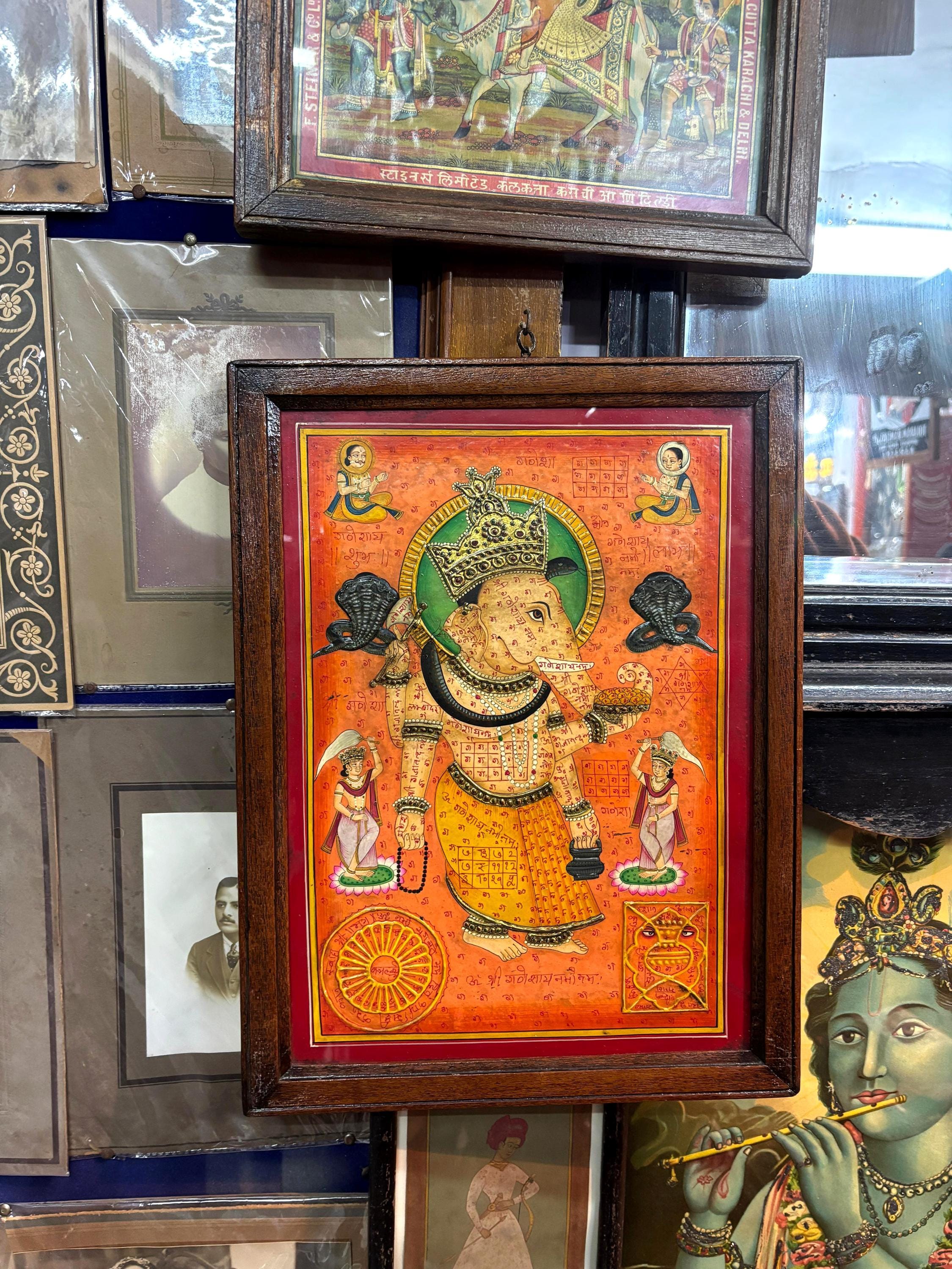 希少なヴィンテージ ガネーシャ タンジョール絵画 / アンティーク 神聖