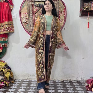 Indisk sari, kimono, broderad, transparent, lång boho-kofta, paljett, festivalmantel, boho, strandklänning, present till henne, storlek US M