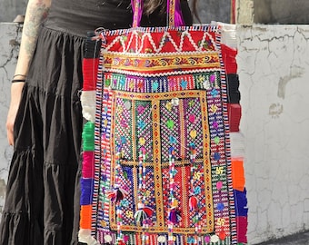 Vintage Hand Embroidered Gujarat India Handbag,Banjara bohemian tribal patchwork Real Mirror Work,Antique Hand stitched Ethnic shoulder bag