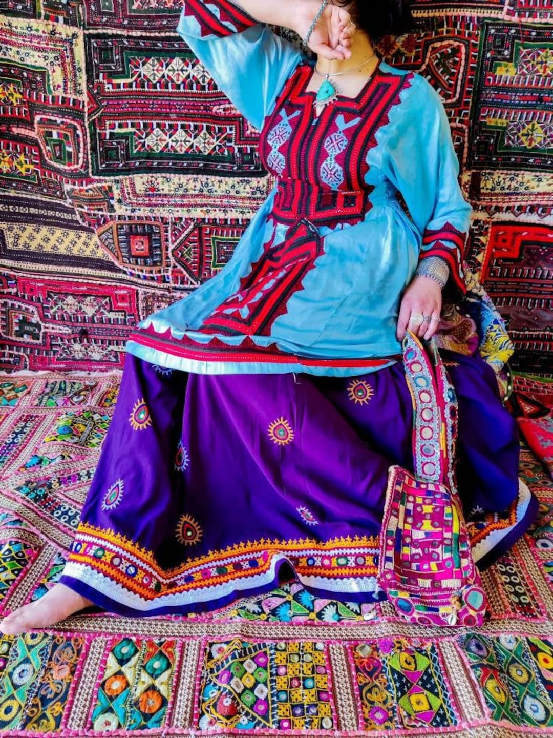 Vintage Hand-Embroidered Balochi Dress, Traditional Ethnic Pattern
