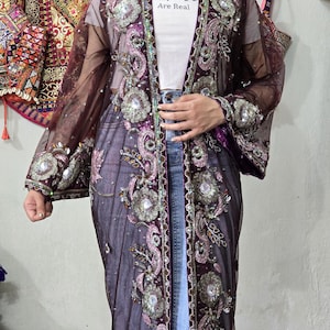 Vintage Saree Kimono Robe Heavy Handwork Sequins Embroidery Duster Cardigan Sheer Mesh Long Cover Up Boho Jacket Festive Outerwear Size M