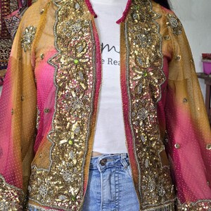 Vintage Saree Jacket Upcycled Zardozi Shrug Heavy Sequins Sequin Embroidered Kimono Boho Festival Evening Shrug Sheer Pink Gold Bolero