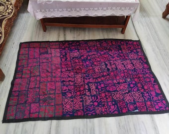 1970s Hand-Embroidered Rug, Vintage Rajkot Tapestry, Bohemian Home Decor (65x42 in)