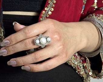 TRIBAL 925 Sterling Oxidized Silver Pearl Gemstone Ring/ 8 1/2 US Size/ Women Ethnic Ring/ Handcrafted Rajasthan India Traditional Ring