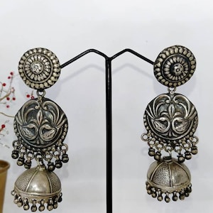 Antique Handmade 92.5% Oxidised Sterling Silver Peacock Floral Design Earrings/ Vintage Silver tribal Earrings / Made in Rajasthan, India