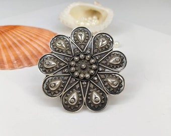 Oxidized Sterling Silver Floral Ring, Adjustable, Rajasthani Rava Work