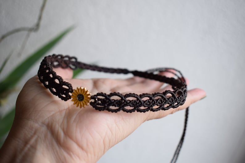 Sunflower Charm Adjustable Macrame Choker in Dark Brown image 1