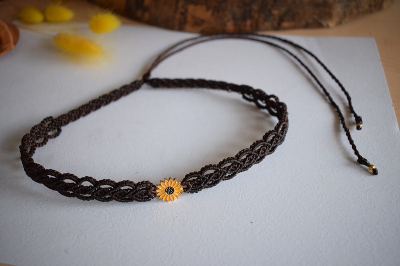 Sunflower Charm Adjustable Macrame Choker in Dark Brown image 7