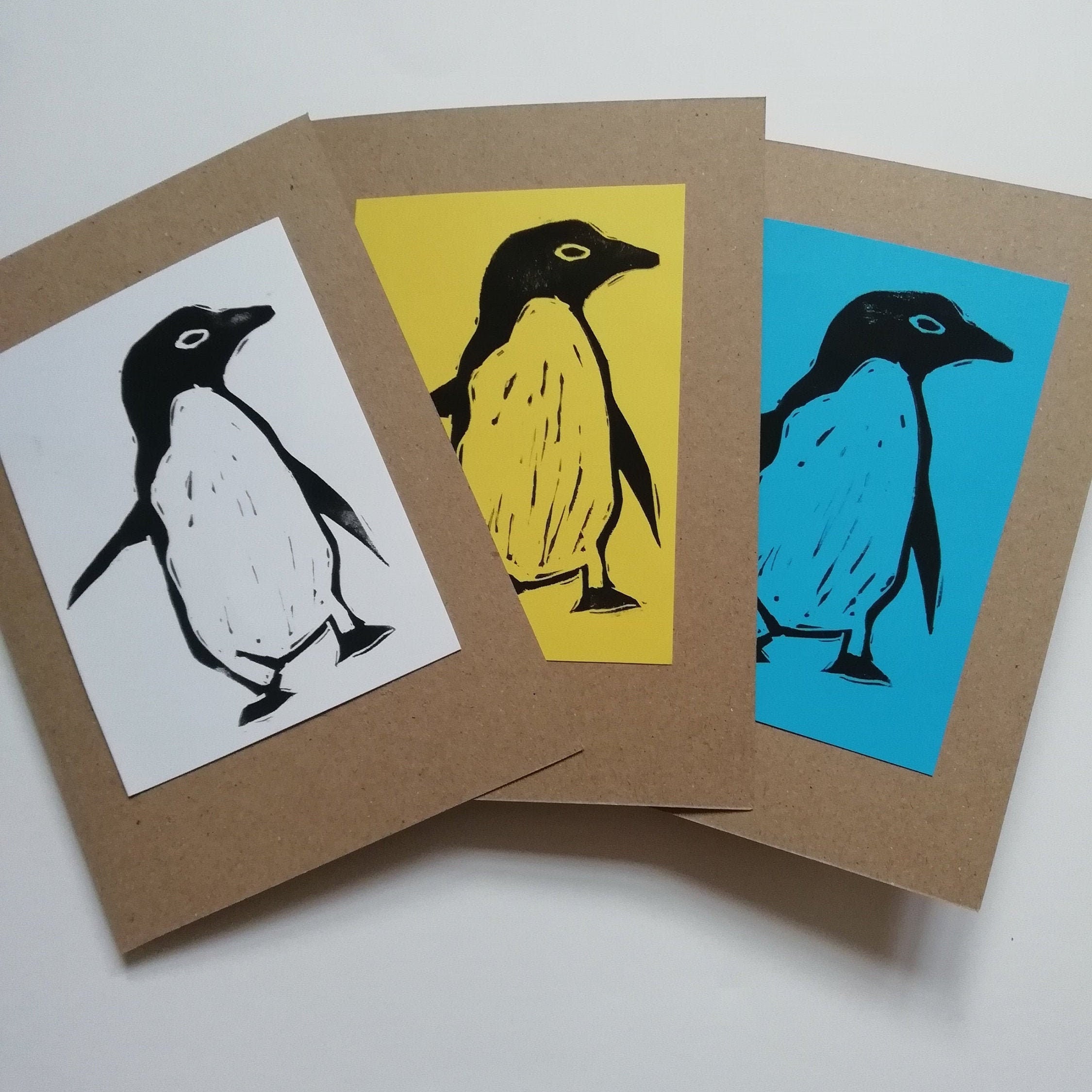 Hand made lino print penguin card set set of three lino print | Etsy