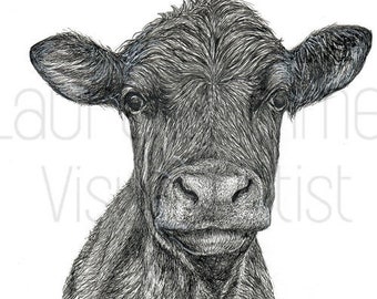 Cow Illustration in Black Pen Digital Download