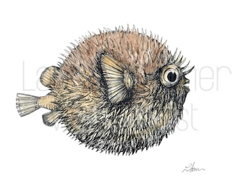 Puffer Fish Illustration in Water-Color and Black Pen - Digital Download