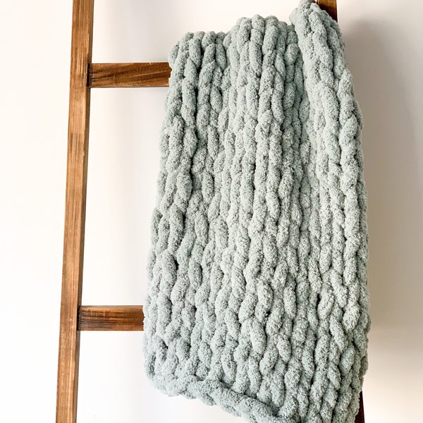 Dusty Green Chunky Knit Blanket | Soft Chenille Hand-Knit Throw | Cozy Mother's Day Gift
