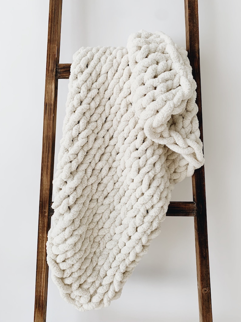 Oatmeal Chunky Knit Blanket Soft Chenille Handknit Throw Etsy