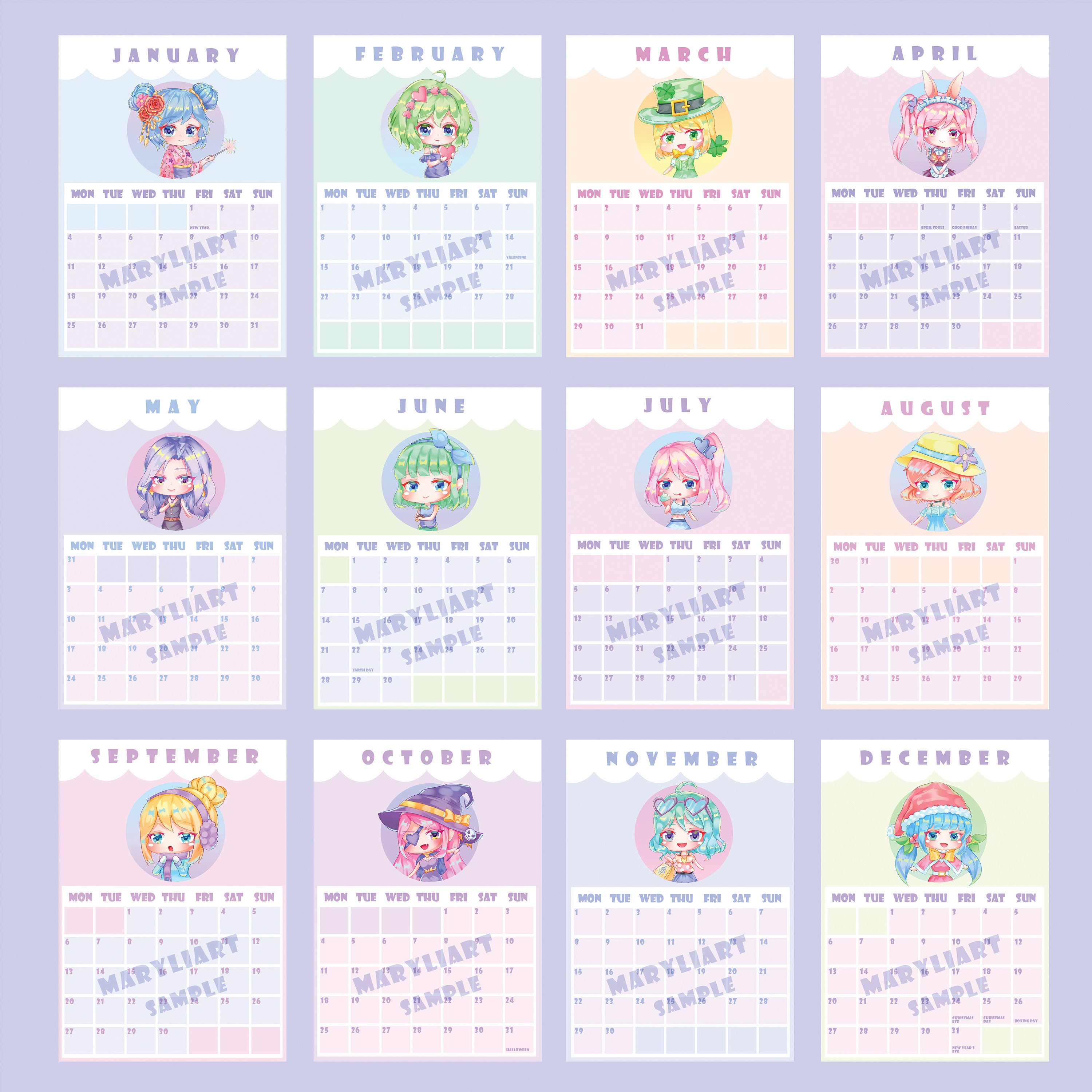 2021 Cute Chibi Calendar/ anime girl calendar/ A4 wall Etsy