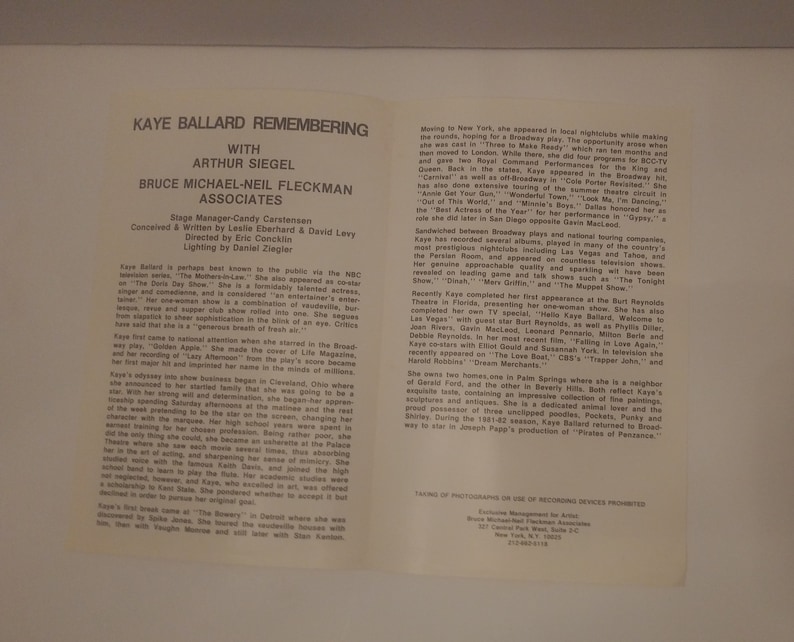Remembering Play Pamphlet from Brookdale Community College Kaye Ballard