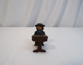 Vintage Cast Iron Miniature Figurine of an Amish boy and School Desk (1950s)