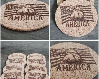 AMERICA  Laser Engraved Cork Drink Coasters 8 PC SET