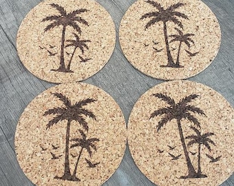 8 PC SET Palm tree Coaster  Laser Engraved Cork Drink Coasters