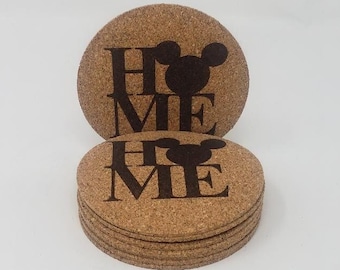 8 pc set Mickey Home Laser Engraved Cork Drink Coasters free shipping