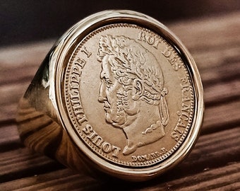 Round Signet Ring 20 Francs Louis Philippe King of the French in Stainless Steel Gilded Fine Gold Very Beautiful Finish
