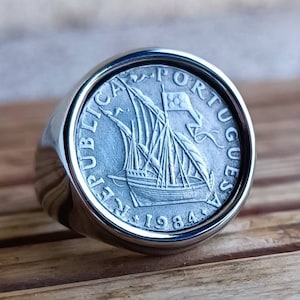 Genuine Signet Ring Coin 2.50 Escudos The Caravelle Boat from Portugal Handmade