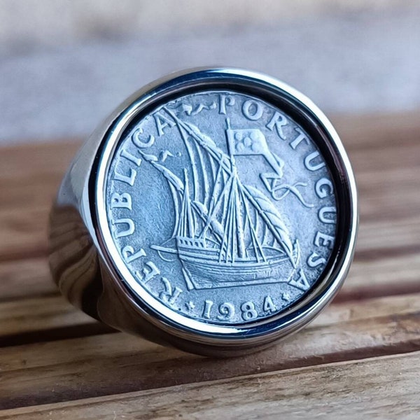 Bague Chevalière Véritable Pièce 2,50 Escudos La Caravelle Bateau du Portugal Fait Main