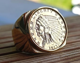 Square Signet Ring 5 Dollars Indian Head USA Handmade