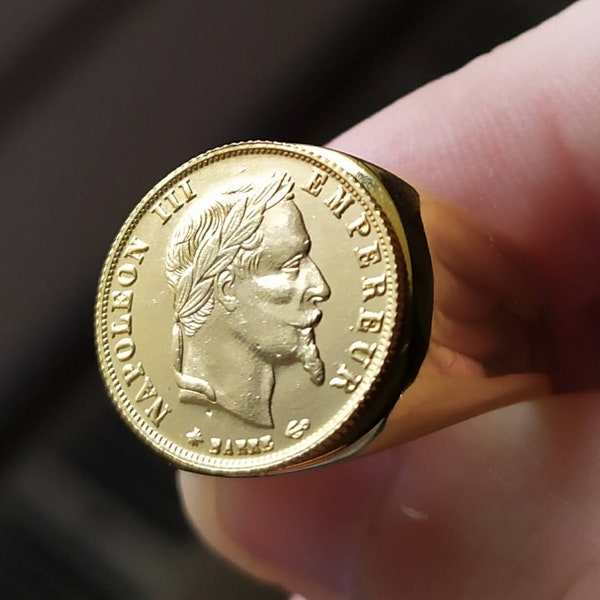 Napoleon III 5 Franc Signet Ring, Gold Plated, Stainless Steel, Handmade