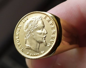 Bague Chevalière Napoleon III 5 Francs Plaqué Or Acier Inoxydable Fait Main